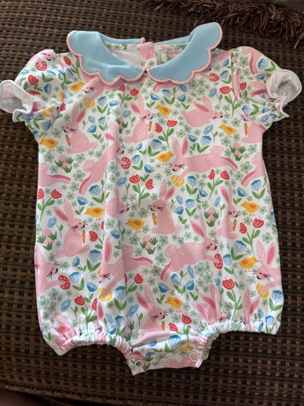 Girls Pink Bunny Print One-Piece with Blue Scallop Collar- 3 months